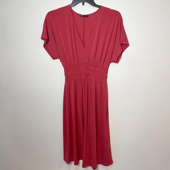 Zara Womens Elastic Waist Midi Dress Pink Size S V-Neck Smocked Formal - Picture 1 of 7